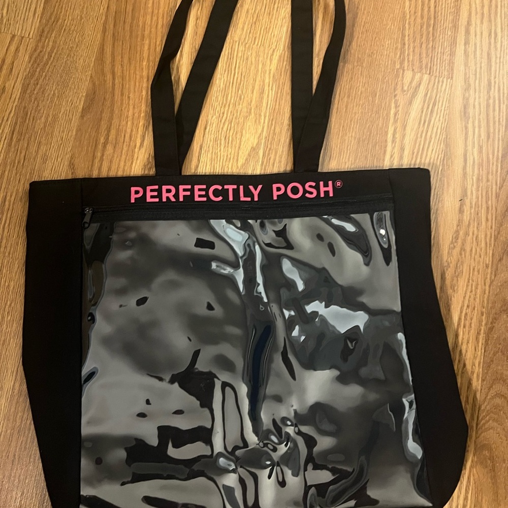 Perfectly Posh Black Tote Bag with Clear Window and Bold Text